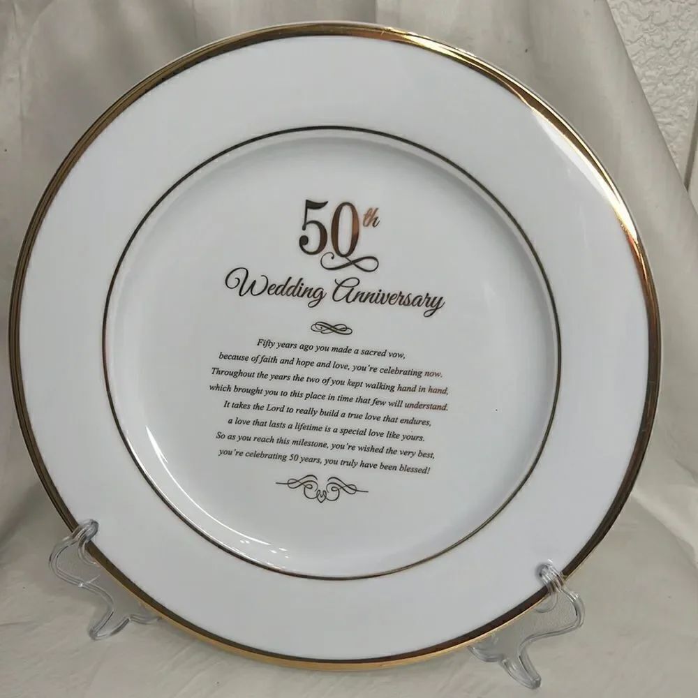 Dicksons 50th Anniversary Porcelain 12 Inch White Plate Gold Rim Easel Included